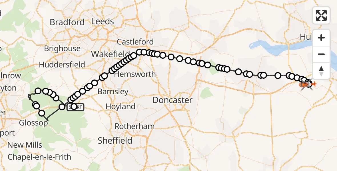 Flight route Coastguard Helicopter Bradfield - Humberside Airport, 01 October 2026, 09:04