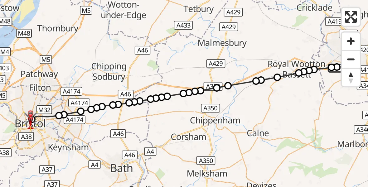 Flight route Air Ambulance Helicopter Wroughton - Bristol Royal Infirmary, 01 October 2026, 09:07