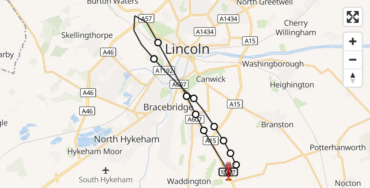 Flight route Air Ambulance Helicopter RAF Waddington - North Kesteven, 01 October 2026, 09:10
