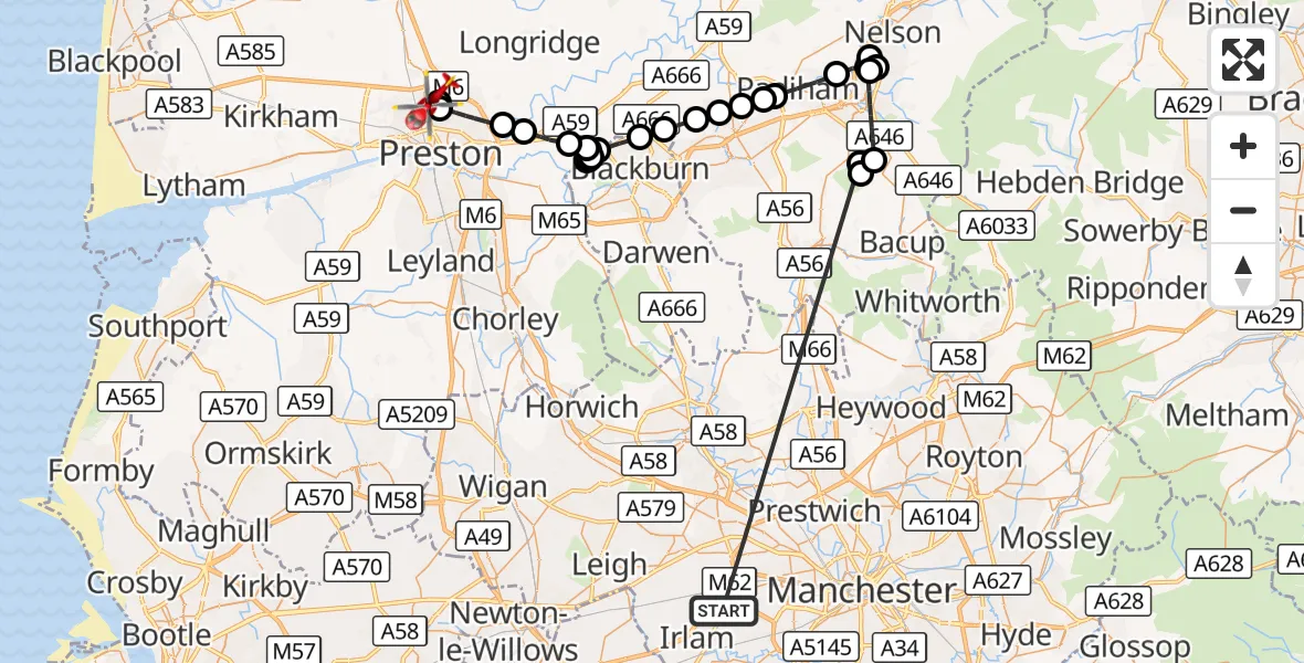 Flight route Air Ambulance Helicopter Manchester Barton Aerodrome - Preston, 01 October 2026, 09:12