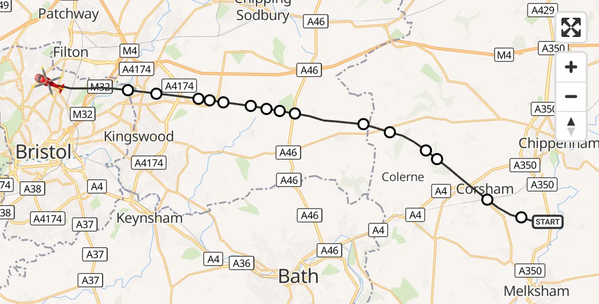 Flight route Air Ambulance Helicopter Lacock - Bristol, 01 October 2026, 09:18