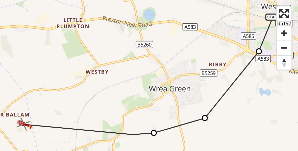 Flight route Air Ambulance Helicopter Wesham - Lytham St Annes, 01 October 2026, 09:25