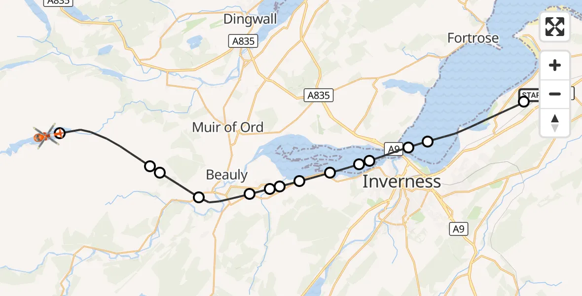Flight route Coastguard Helicopter Inverness Airport - Orrin Reservoir, 01 October 2026, 09:25