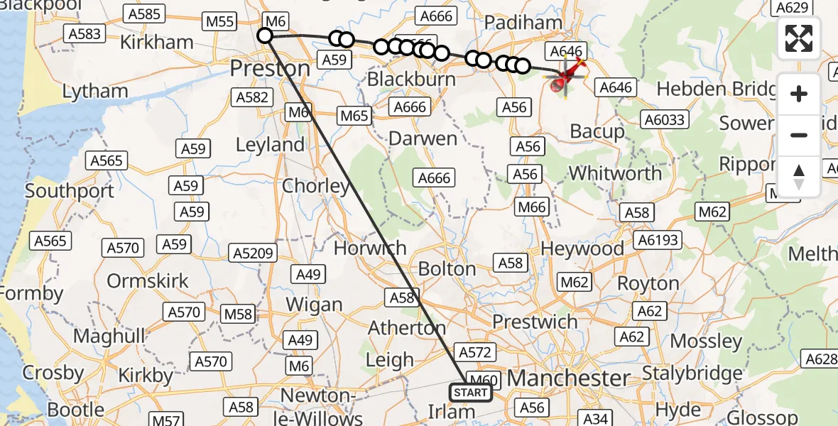 Flight route Air Ambulance Helicopter Manchester Barton Aerodrome - Burnley, 01 October 2026, 09:38