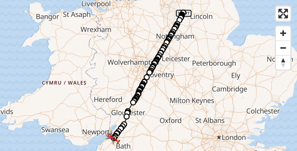 Flight route Air Ambulance Helicopter Retford Gamston Airport - Bristol, 01 October 2026, 09:52