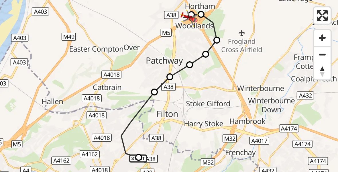 Flight route Air Ambulance Helicopter Southmead Hospital - Almondsbury Helicopter Base, 01 October 2026, 10:16
