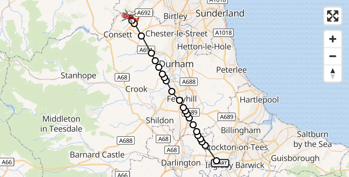 Flight route Air Ambulance Helicopter Egglescliffe - Hamsterley Mill, 01 October 2026, 10:18