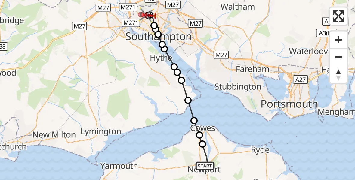 Flight route Air Ambulance Helicopter Newport - Shirley, 01 October 2026, 10:19