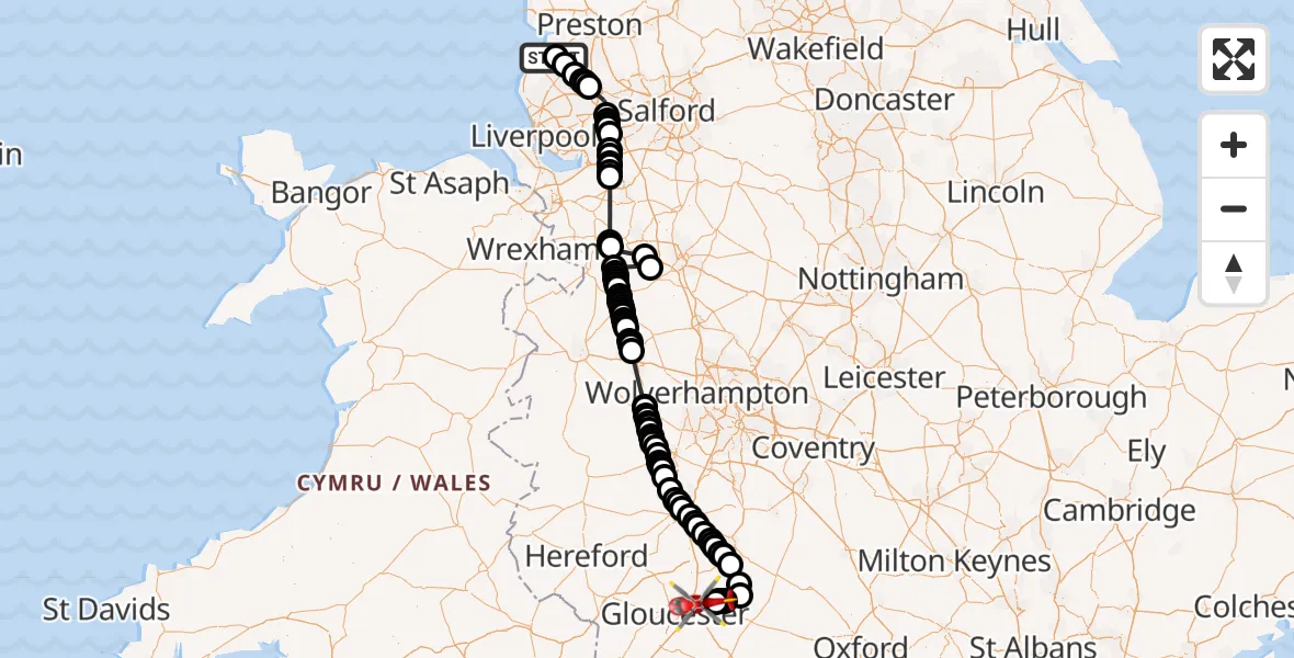 Flight route Air Ambulance Helicopter Mere Brow - Cheltenham, 01 October 2026, 10:35