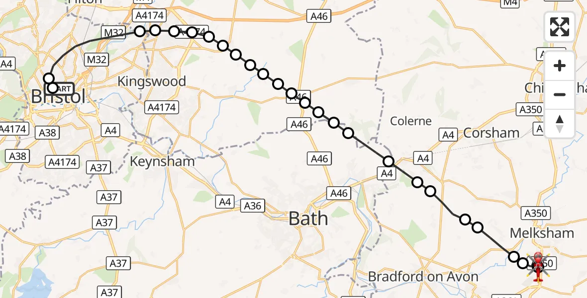 Flight route Air Ambulance Helicopter Bristol Royal Infirmary - Wiltshire Air Ambulance, 01 October 2026, 10:40