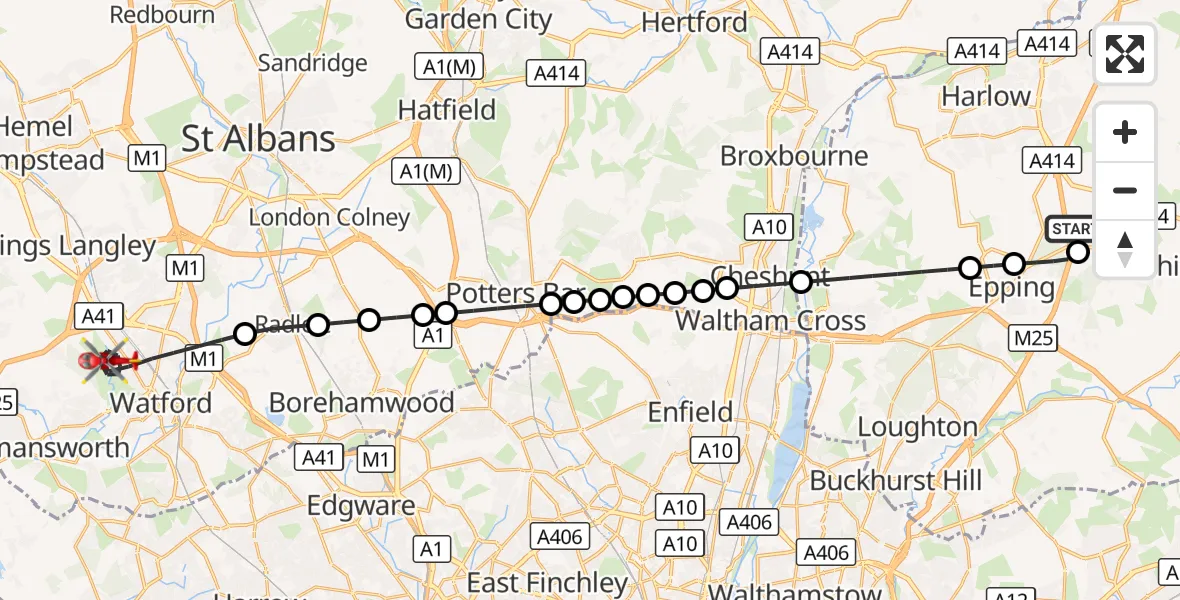 Flight route Air Ambulance Helicopter North Weald Airfield - Watford, 01 October 2026, 10:45