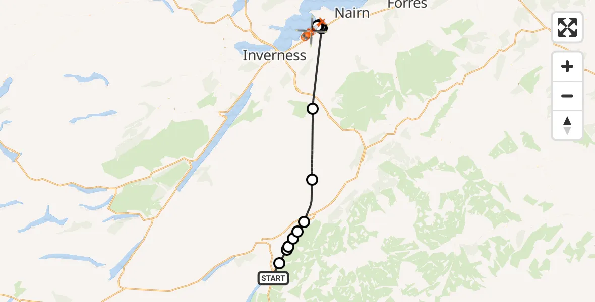 Flight route Coastguard Helicopter Dalwhinnie - Inverness Airport, 01 October 2026, 10:55