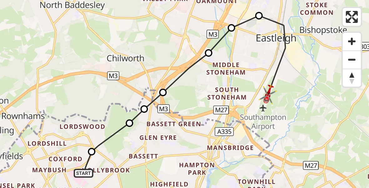 Flight route Air Ambulance Helicopter University Hospital Southampton - Southampton Airport, 01 October 2026, 11:19