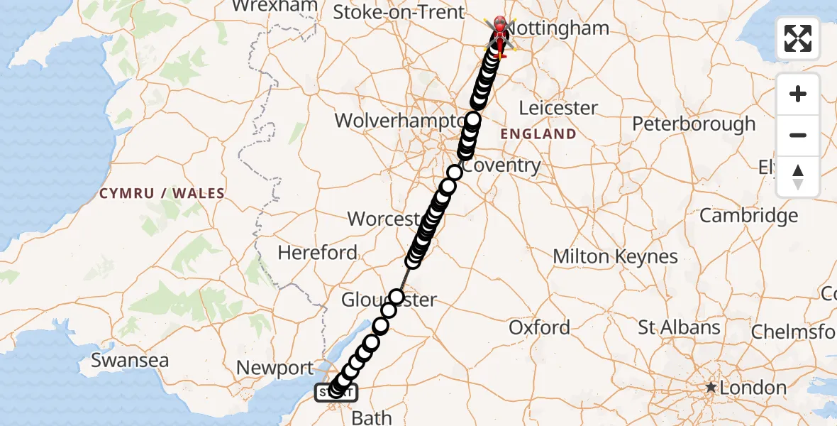 Flight route Air Ambulance Helicopter Southmead Hospital - Royal Derby Trauma Unit, 01 October 2026, 11:22