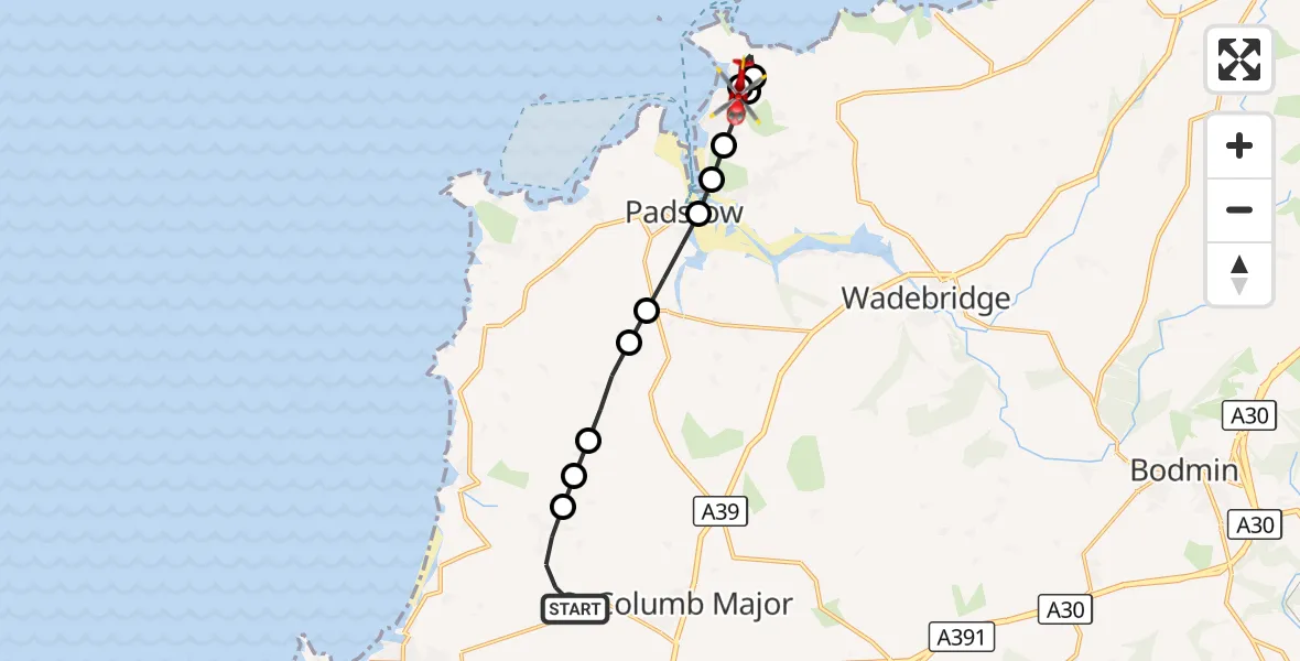 Flight route Air Ambulance Helicopter Cornwall Airport Newquay - Polzeath, 01 October 2026, 11:33