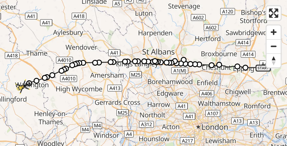 Flight route Police Helicopter Greensted Green - Cuxham, 01 October 2026, 11:41