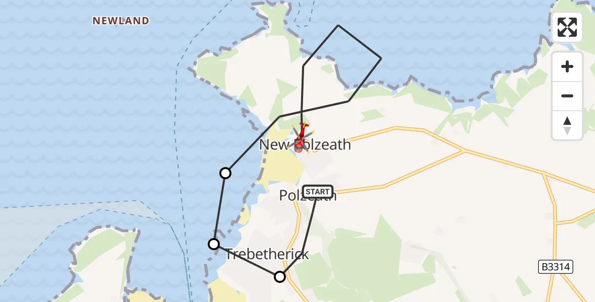 Flight route Air Ambulance Helicopter Polzeath - New Polzeath, 01 October 2026, 11:44