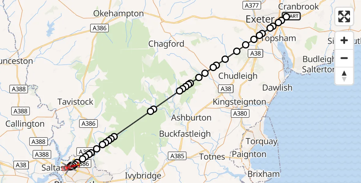 Flight route Air Ambulance Helicopter Exeter International Airport - Kings Tamerton, 01 October 2026, 11:49