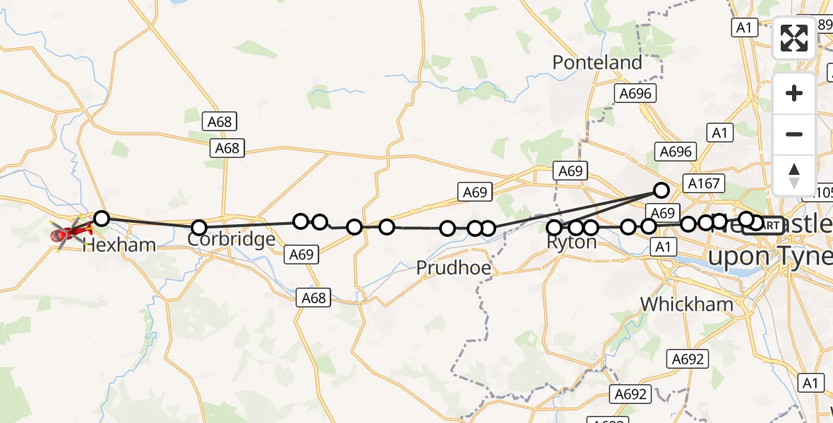 Flight route Air Ambulance Helicopter Newcastle Royal Victoria Infirmary - Hexham, 01 October 2026, 11:52
