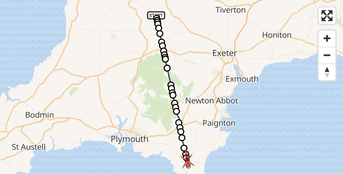Flight route Air Ambulance Helicopter Winkleigh - Kingsbridge, 01 October 2026, 11:58