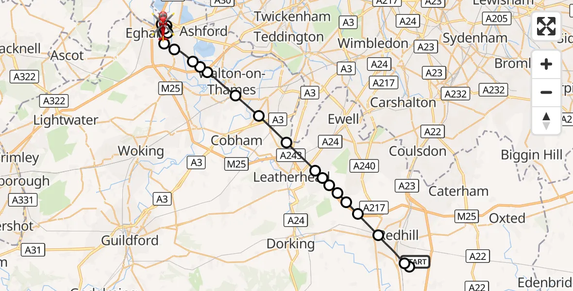 Flight route Air Ambulance Helicopter Redhill Aerodrome - Pooley Green, 01 October 2026, 12:14