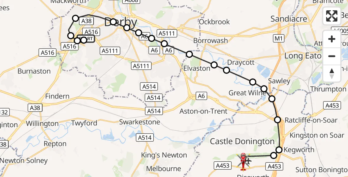 Flight route Air Ambulance Helicopter Royal Derby Trauma Unit - East Midlands Airport, 01 October 2026, 12:16