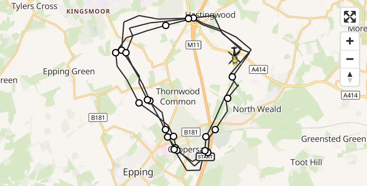 Flight route Police Helicopter Coopersale - North Weald Bassett, 01 October 2026, 12:21