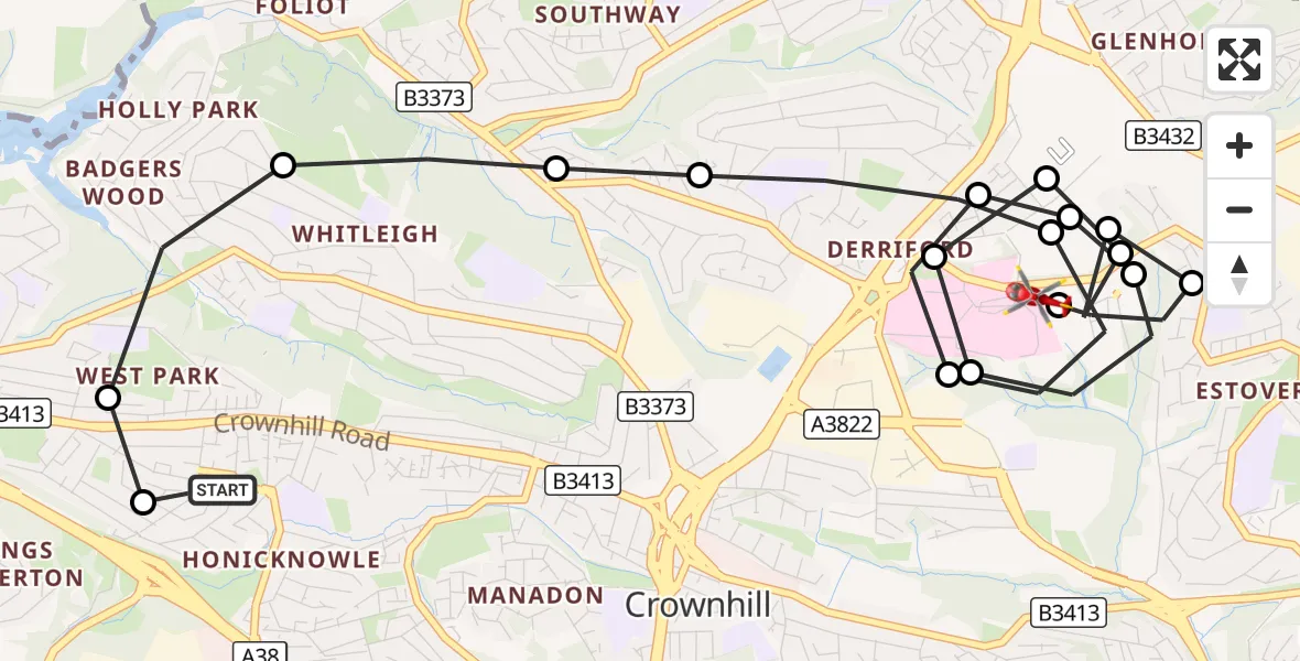 Flight route Air Ambulance Helicopter Honicknowle - Derriford Hospital, 01 October 2026, 12:33