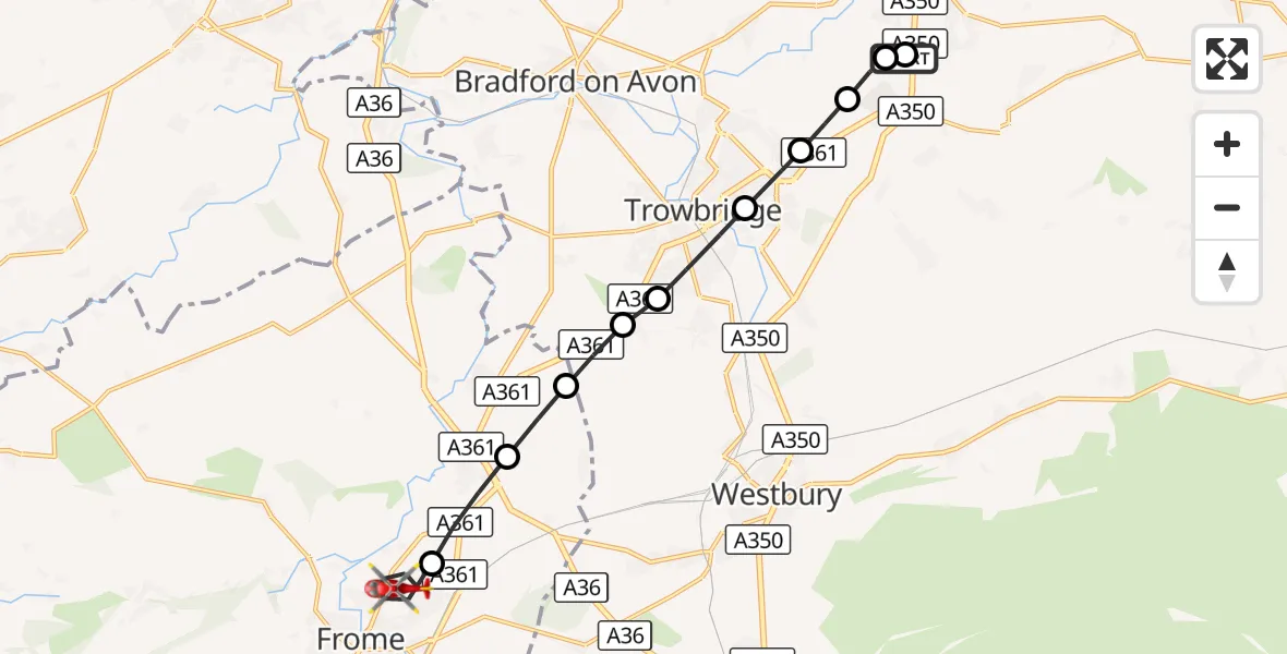 Flight route Air Ambulance Helicopter Wiltshire Air Ambulance - Frome, 01 October 2026, 12:37