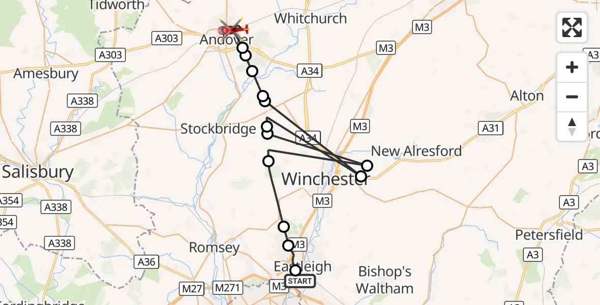 Flight route Air Ambulance Helicopter Southampton Airport - Andover, 01 October 2026, 12:42