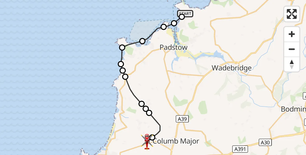 Flight route Air Ambulance Helicopter New Polzeath - Cornwall Airport Newquay, 01 October 2026, 12:43