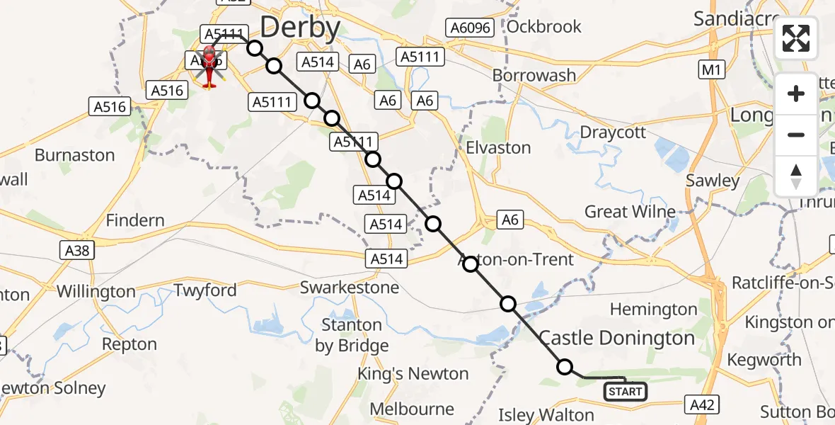 Flight route Air Ambulance Helicopter East Midlands Airport - Royal Derby Trauma Unit, 01 October 2026, 12:54