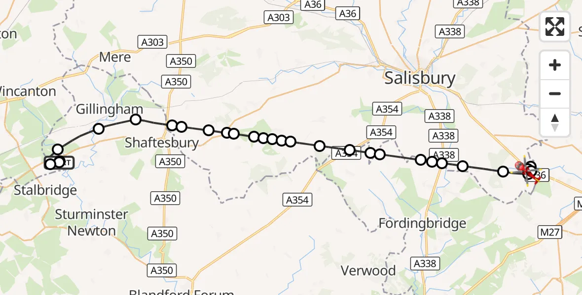 Flight route Air Ambulance Helicopter Henstridge Airfield - Landford, 01 October 2026, 12:55