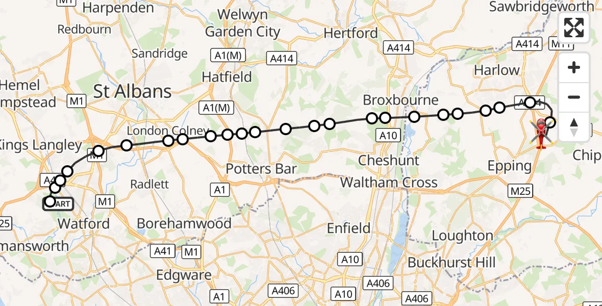 Flight route Air Ambulance Helicopter Watford - North Weald Airfield, 01 October 2026, 13:08