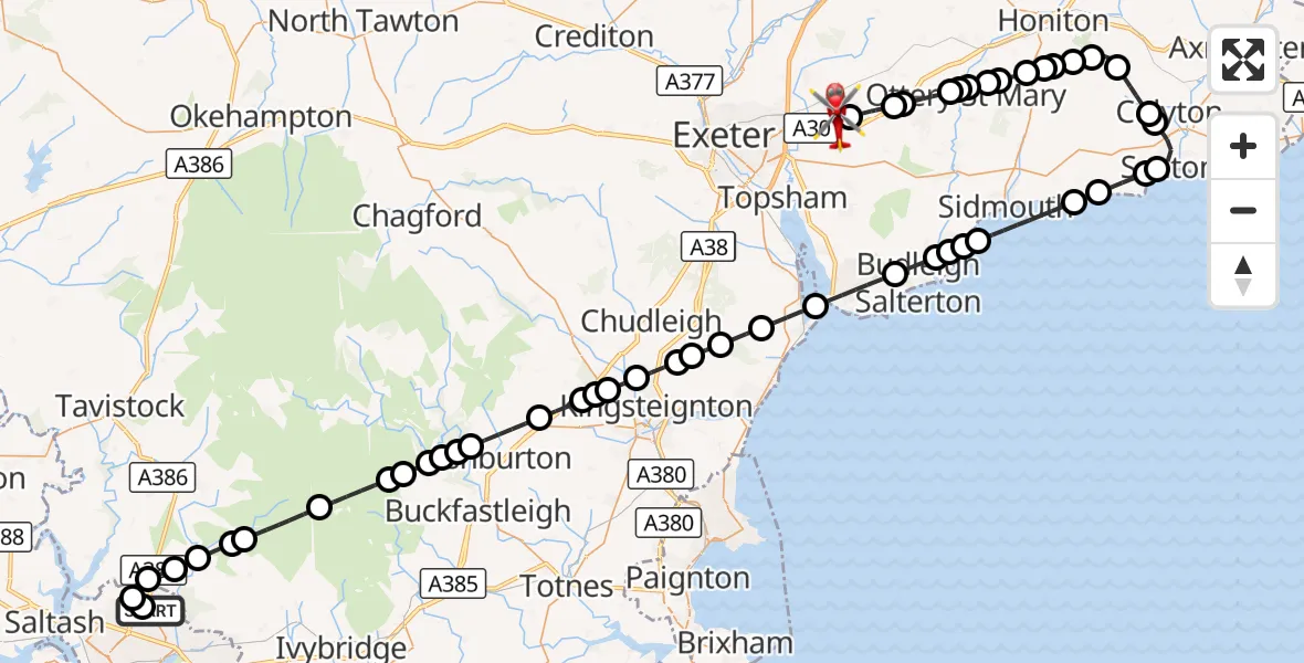Flight route Air Ambulance Helicopter Derriford Hospital - Exeter International Airport, 01 October 2026, 13:12