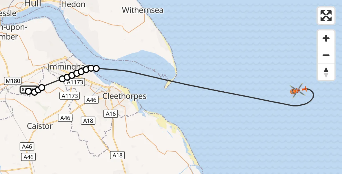 Flight route Coastguard Helicopter Humberside Airport - North Sea, 01 October 2026, 13:17