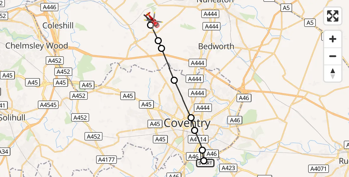 Flight route Air Ambulance Helicopter Coventry Airport - New Arley, 01 October 2026, 13:19