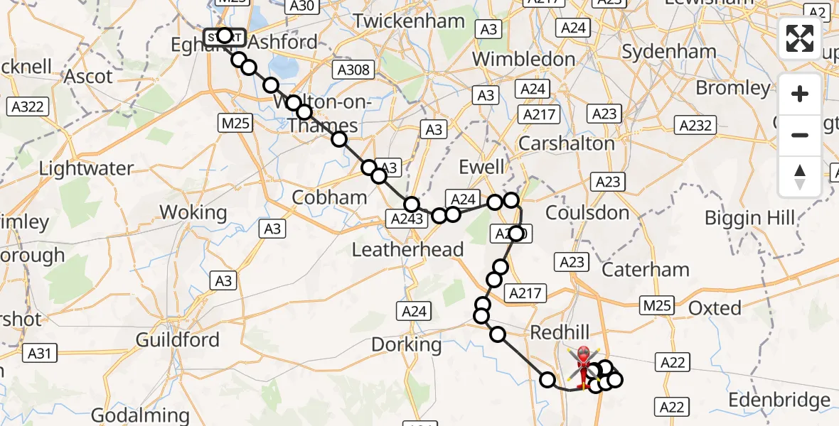 Flight route Air Ambulance Helicopter Staines-upon-Thames - Redhill Aerodrome, 01 October 2026, 13:24