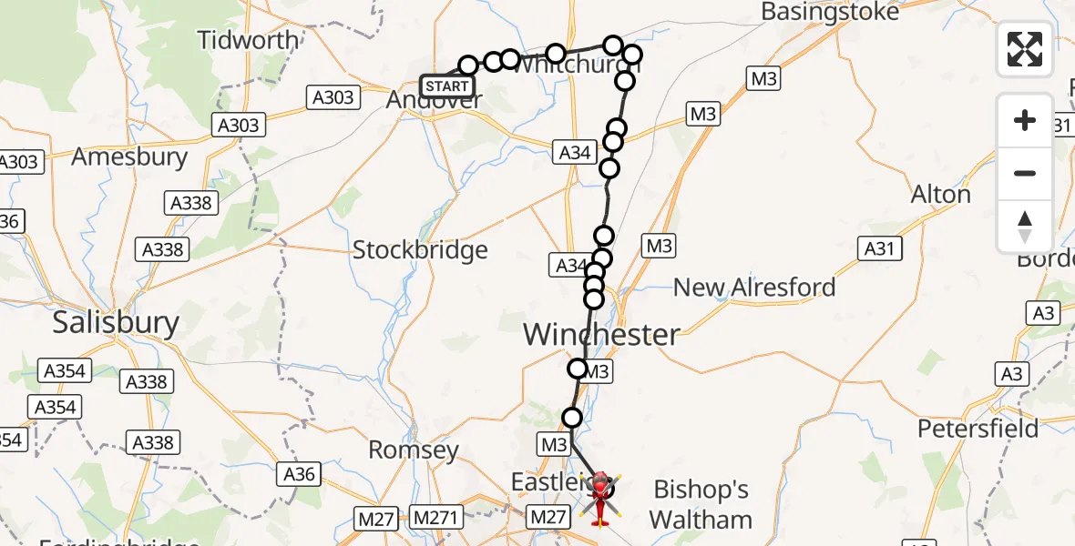 Flight route Air Ambulance Helicopter Andover - Eastleigh, 01 October 2026, 13:33