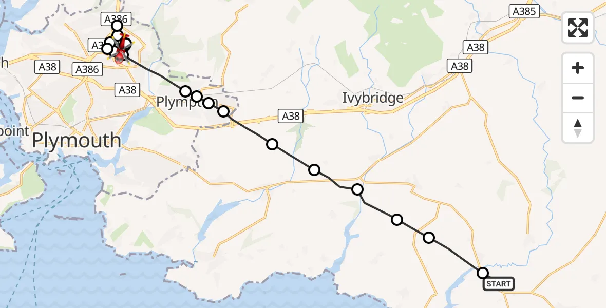 Flight route Air Ambulance Helicopter Churchstow - Estover, 01 October 2026, 13:33