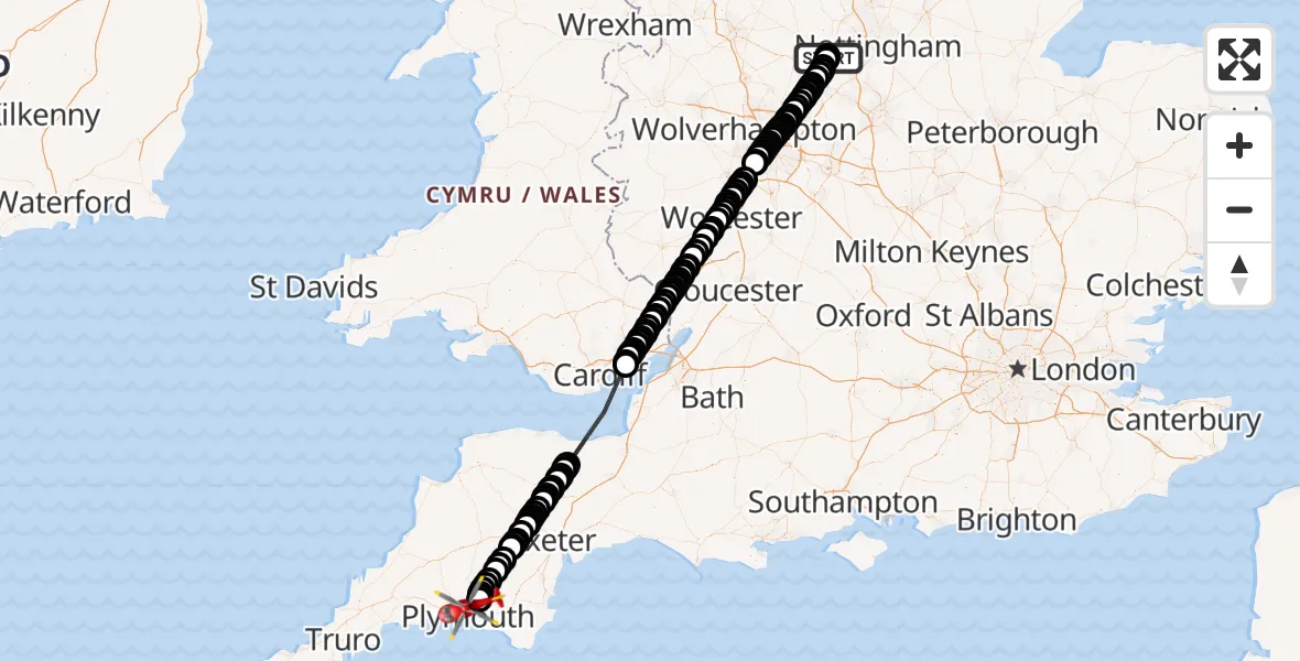 Flight route Air Ambulance Helicopter Royal Derby Trauma Unit - Derriford Hospital, 01 October 2026, 13:37