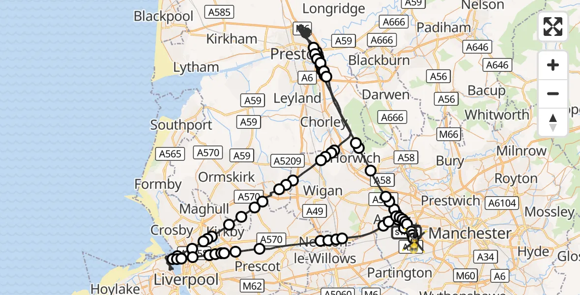 Flight route Police Helicopter Worsley - Manchester Barton Aerodrome, 01 October 2026, 13:46