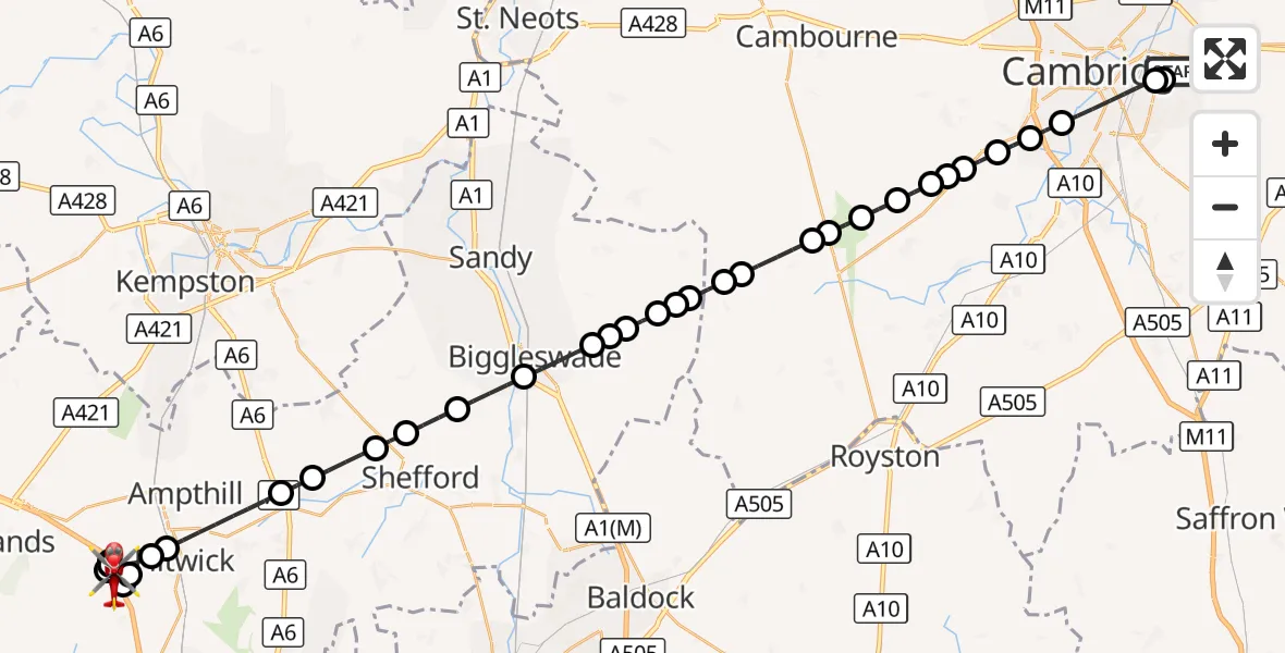Flight route Air Ambulance Helicopter Cambridge City Airport - Eversholt, 01 October 2026, 13:46