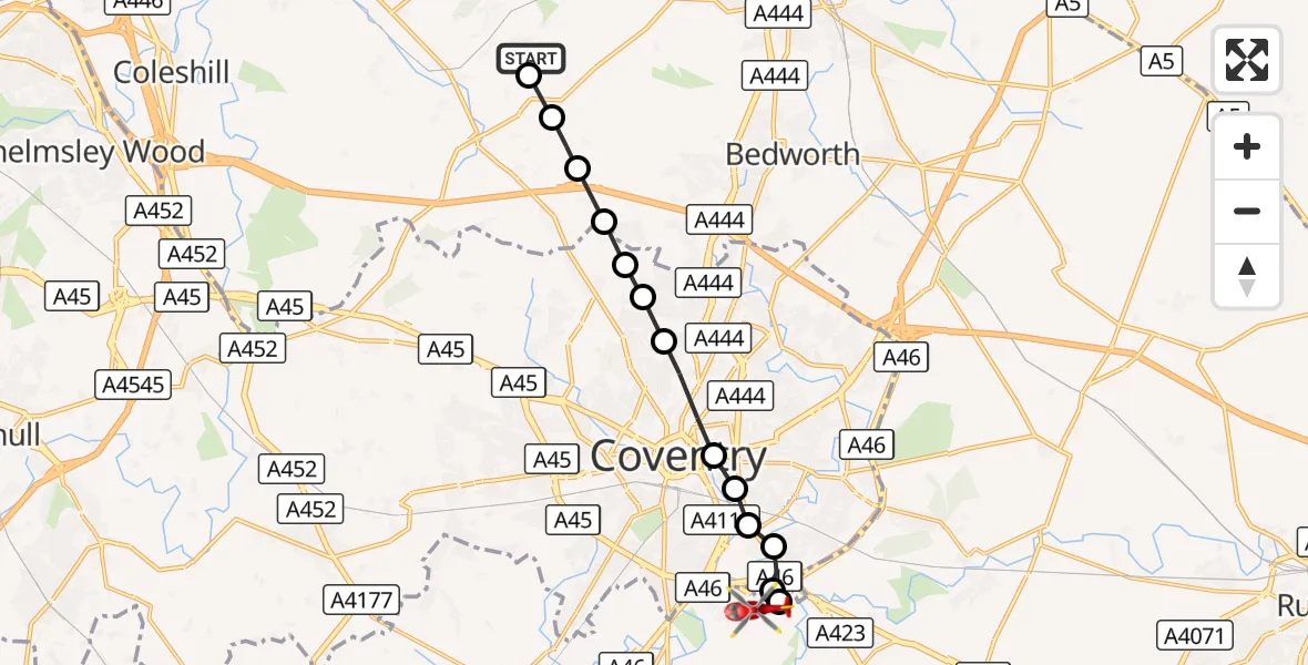 Flight route Air Ambulance Helicopter New Arley - Coventry Airport, 01 October 2026, 13:48