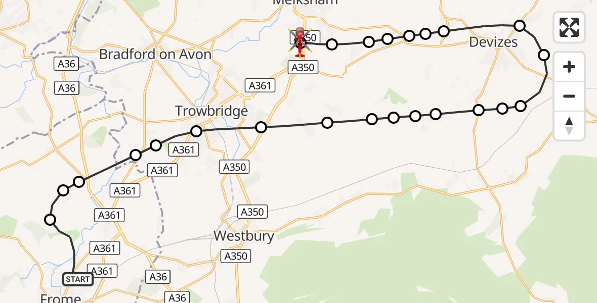 Flight route Air Ambulance Helicopter Frome - Wiltshire Air Ambulance, 01 October 2026, 14:00