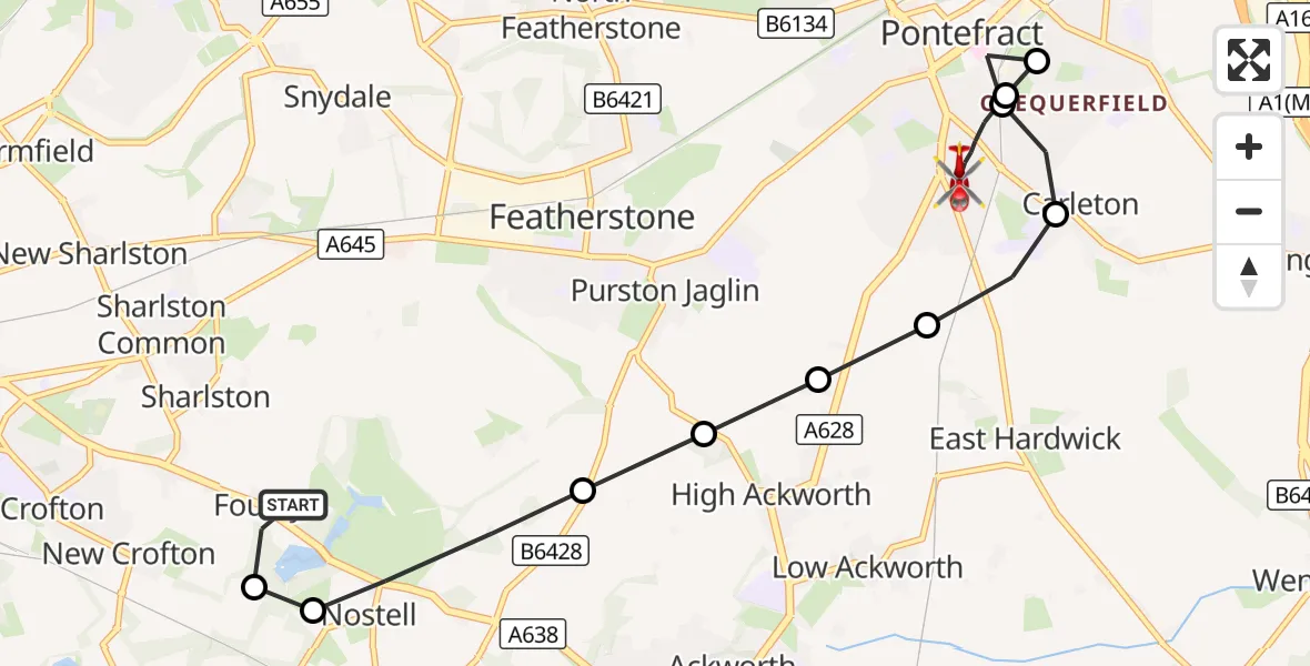 Flight route Air Ambulance Helicopter YAA Nostell Helicopter Port - Pontefract, 01 October 2026, 14:03