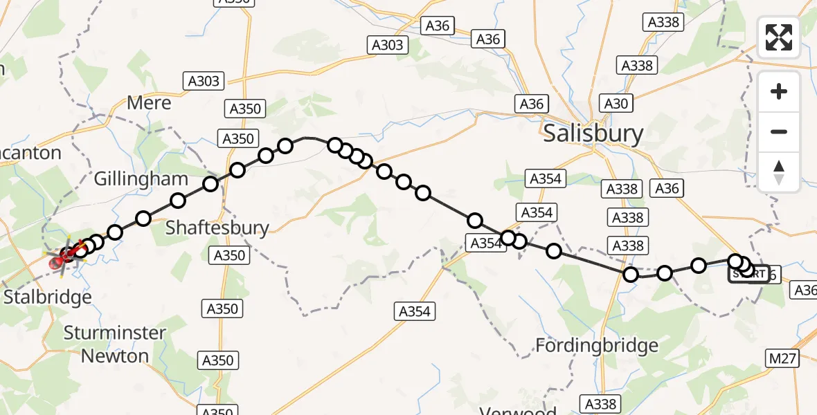Flight route Air Ambulance Helicopter Plaitford - Henstridge Airfield, 01 October 2026, 14:03