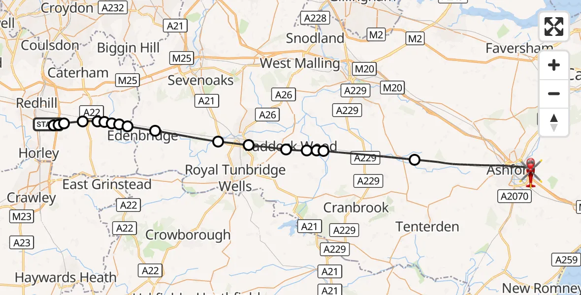 Flight route Air Ambulance Helicopter Redhill Aerodrome - Ashford, 01 October 2026, 14:21