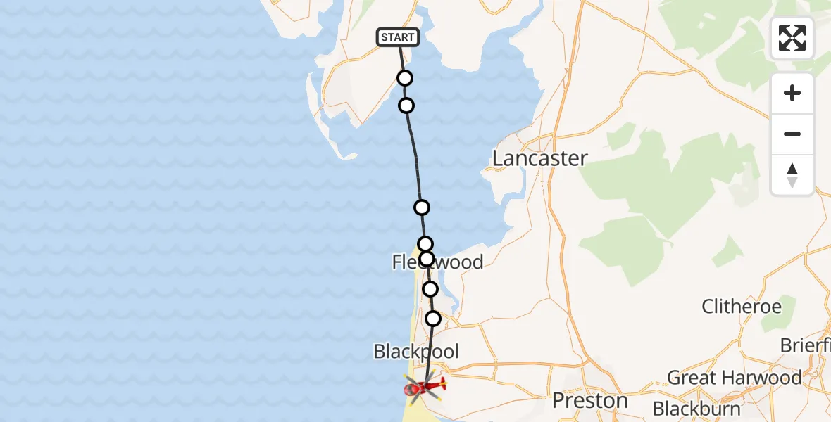 Flight route Air Ambulance Helicopter Ulverston - Blackpool Airport, 01 October 2026, 14:32