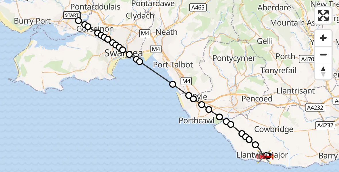 Flight route Air Ambulance Helicopter Dafen - Llantwit Major, 01 October 2026, 14:50
